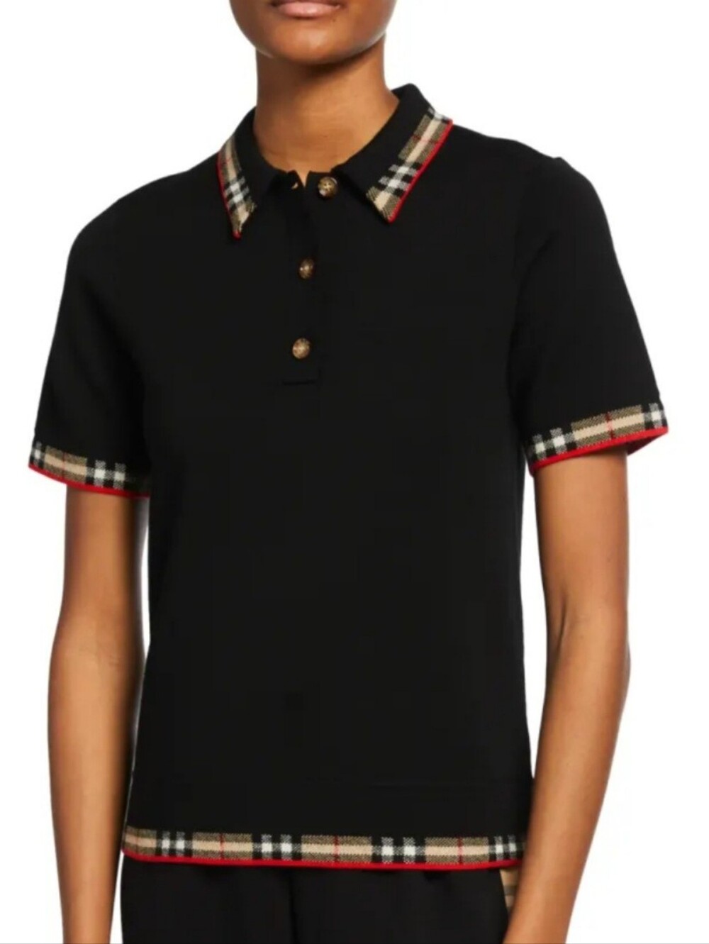 Burberry Black Lola Knit Polo Shirt with Check Trim